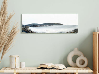 'The Shimmering Pier' - Minimalist Dorset artwork in soft grey and gold, panoramic oil painting of Swanage Bay.