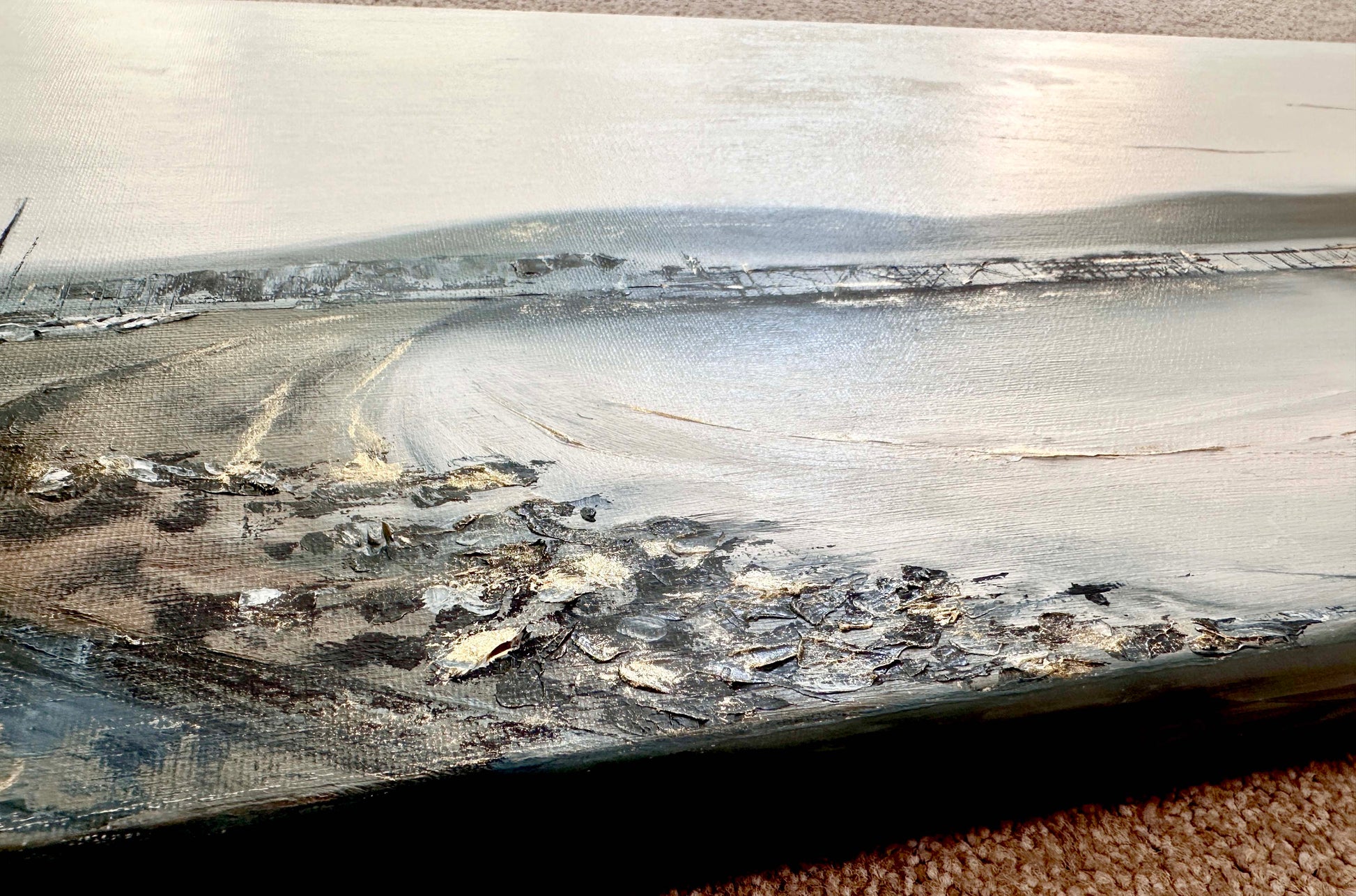 'The Shimmering Pier' - Original oil painting hung above a sideboard, Swanage Pier Dorset artwork in pale grey and gold.