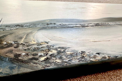 'The Shimmering Pier' - Original oil painting hung above a sideboard, Swanage Pier Dorset artwork in pale grey and gold.