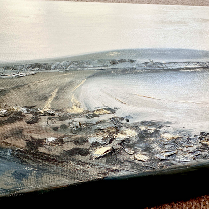 'The Shimmering Pier' - Minimalist coastal oil painting 30x80cm, panoramic Dorset artwork ready to hang.