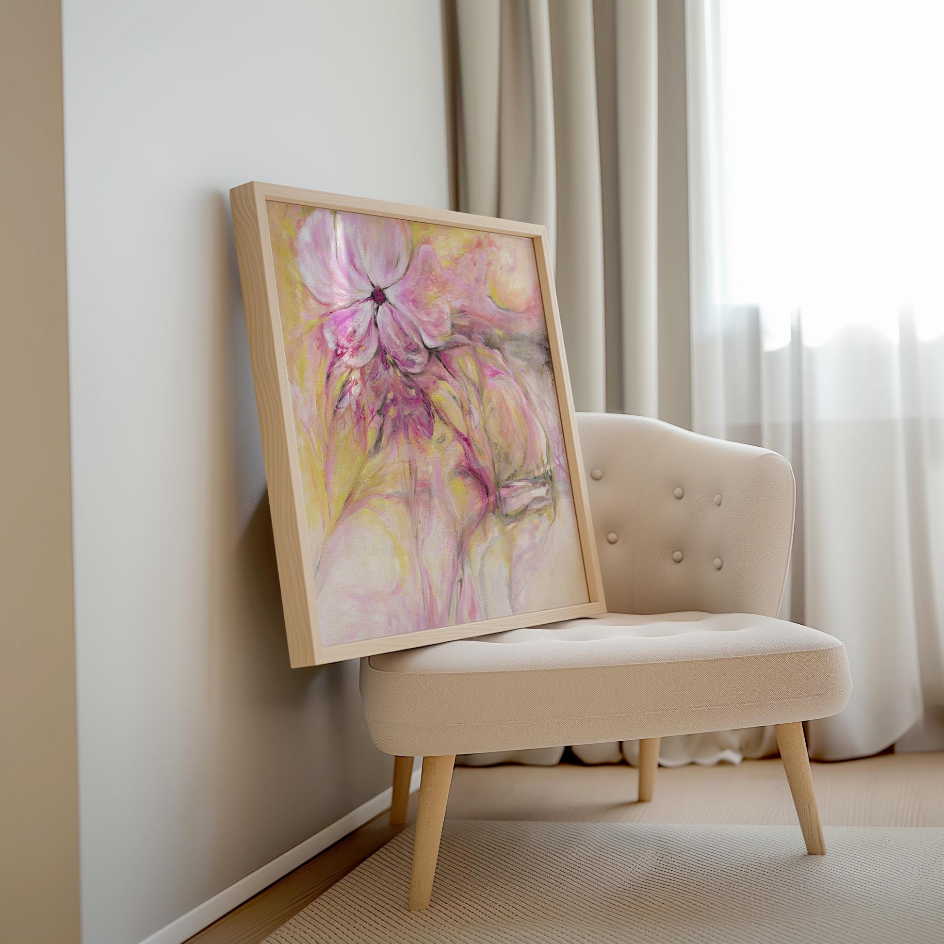 'Through It All' – soft abstract canvas print in pink and peach tones.