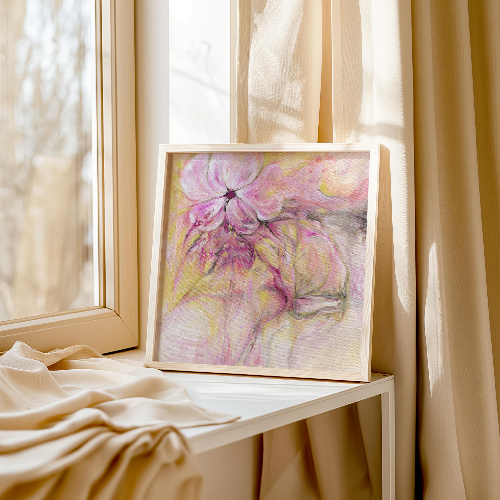 'Through It All' - gentle abstract artwork with warm layered brushstrokes.