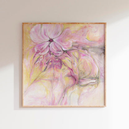 'Through It All' - A gently uplifting abstract floral canvas print in soft pinks, peach and lime green — layered oil painting about growth and beauty that keeps unfolding even through difficult seasons, by Kate Shephard Art.
