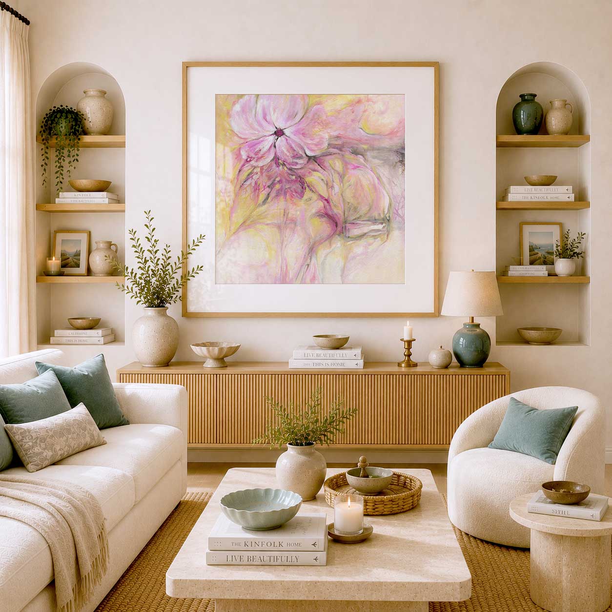 'Through It All' - calm abstract print with pink, peach, lime and umber.