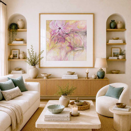 'Through It All' - calm abstract print with pink, peach, lime and umber.