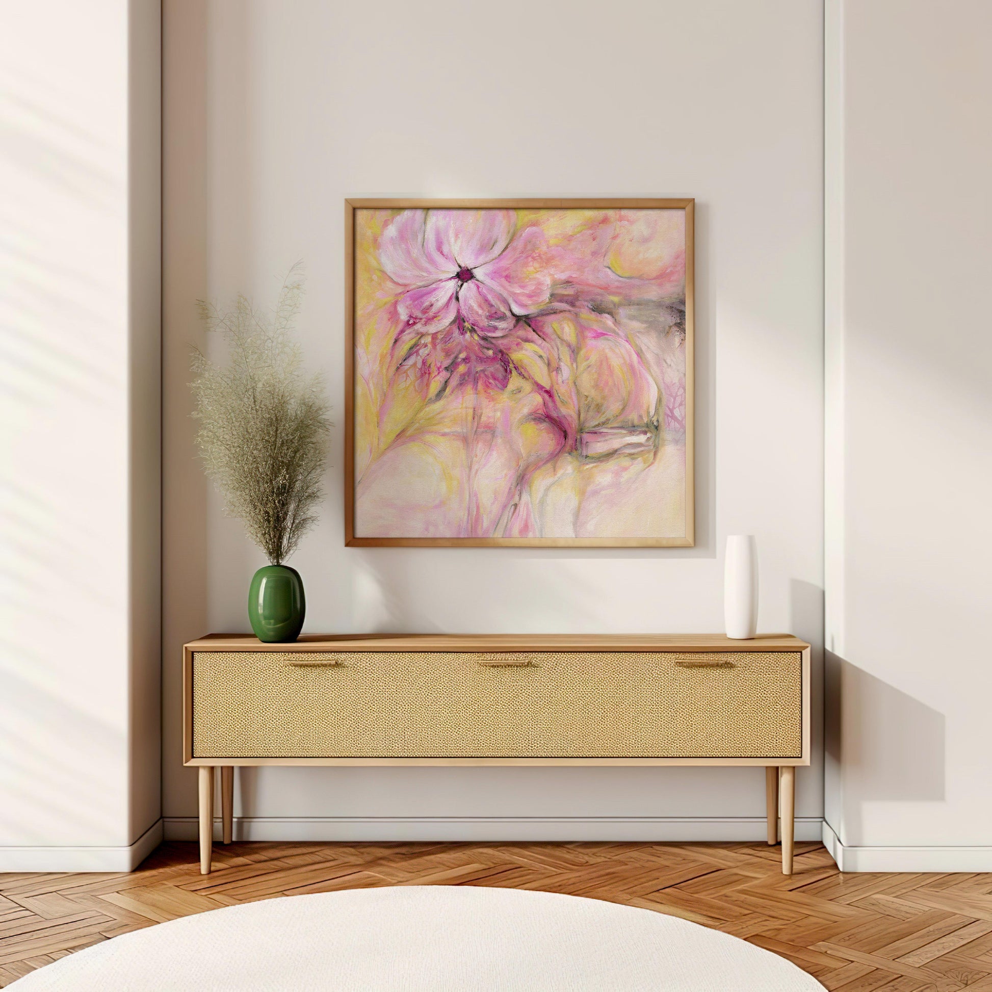 'Through It All' - pink and peach abstract print with fresh lime accents.