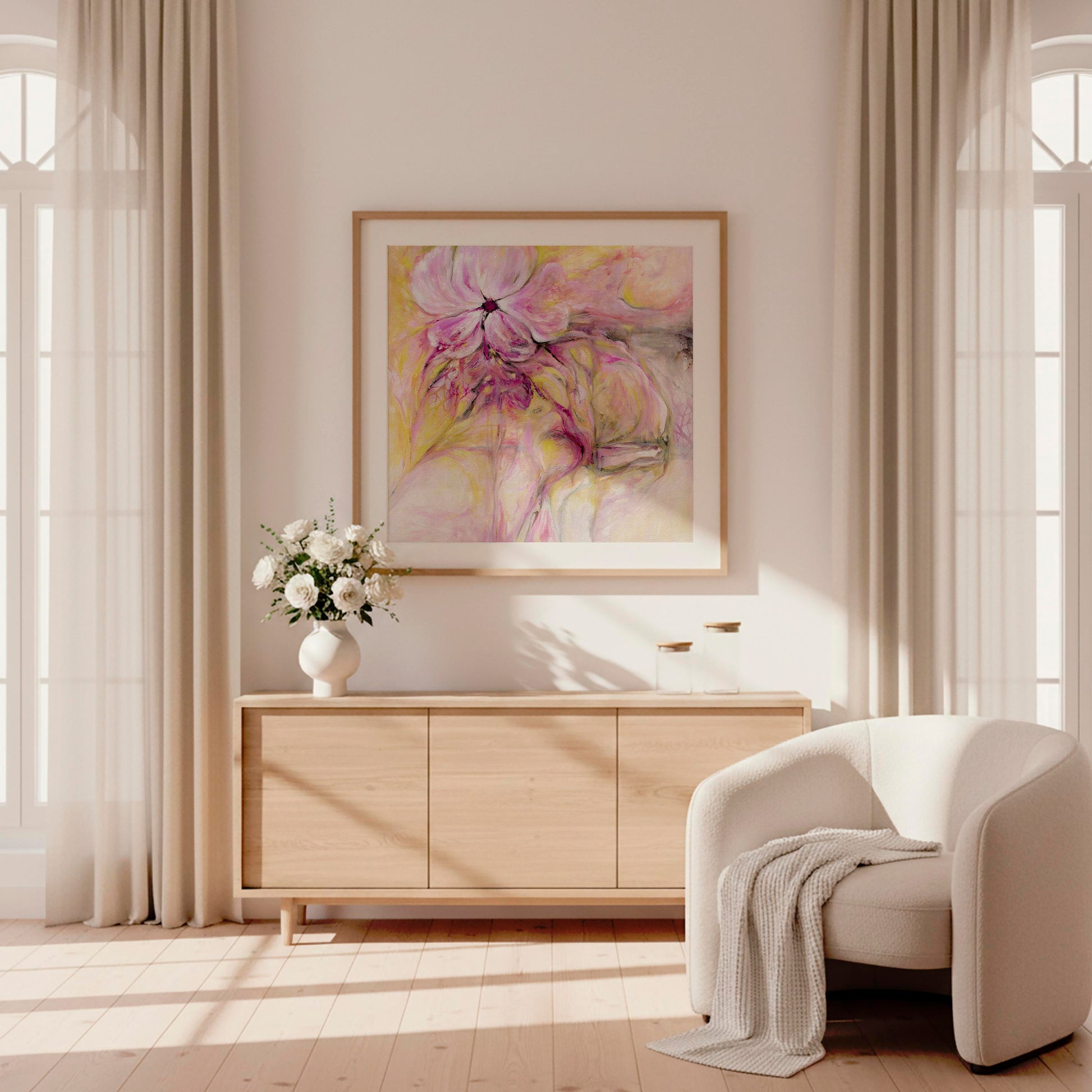 'Through It All' – feminine abstract artwork with calm flowing colours.