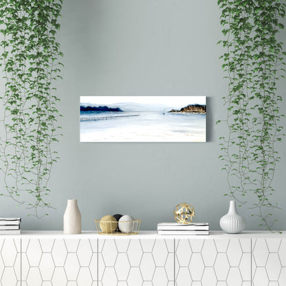 'Towards Brownsea' - Panoramic Dorset painting of Poole Harbour hung above a sideboard in a contemporary living room.