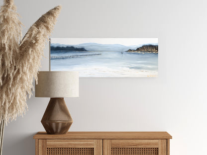 'Towards Brownsea' - Minimalist Dorset painting of old jetty and solitary yacht in still Poole Harbour waters.