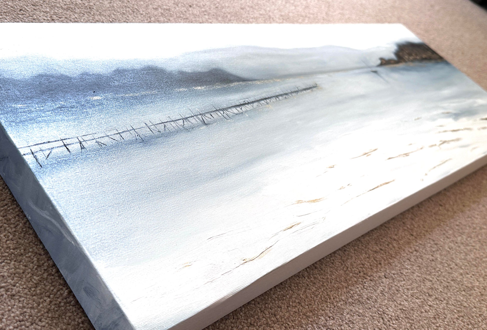 'Towards Brownsea' - Original artwork in soft indigo and warm neutral tones, Poole Harbour seascape with gold detail.
