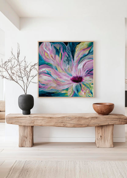 'Untamed' - bold yet calming abstract florals combining turmoil and peace in teal pink tones for living rooms.