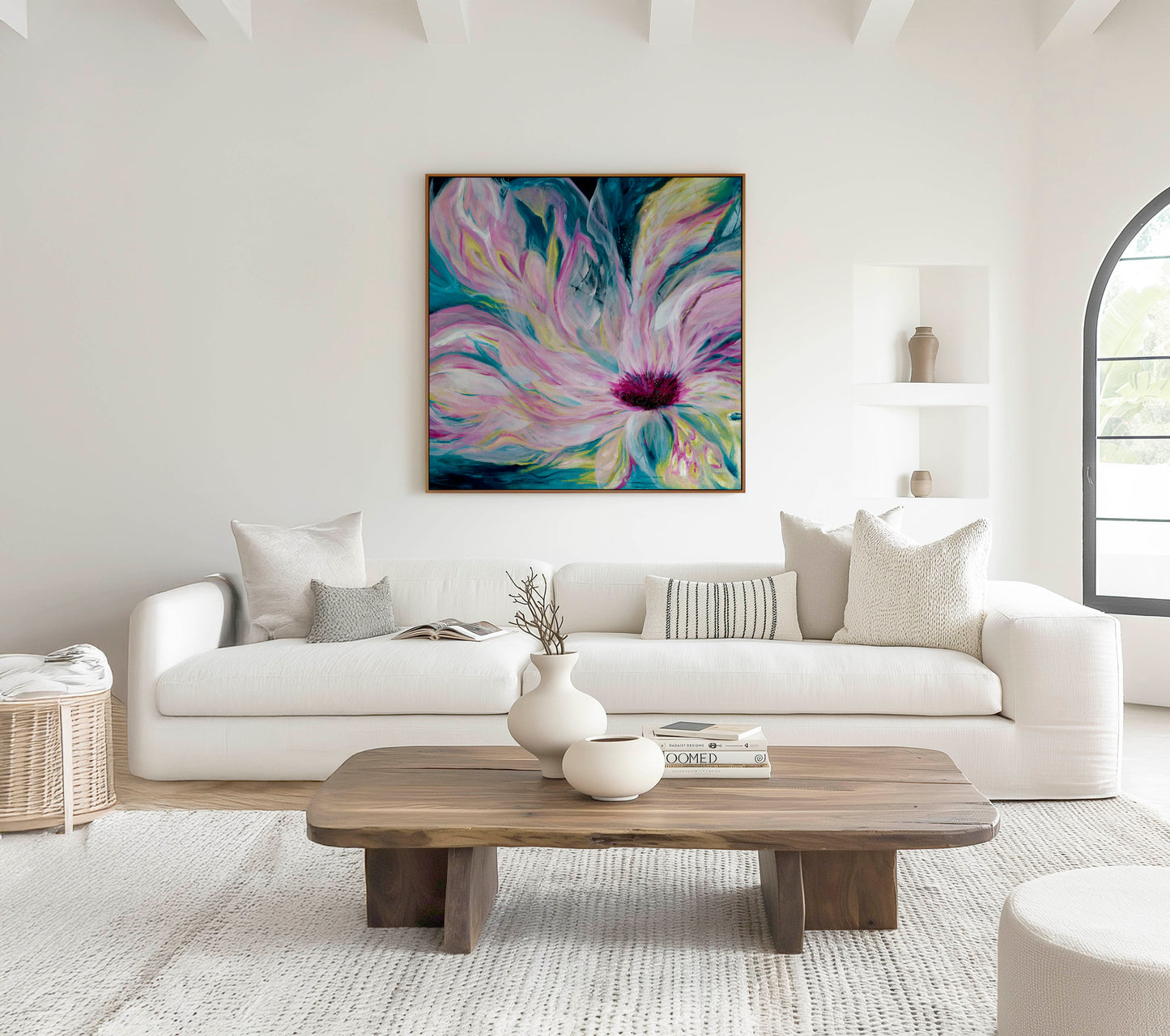 'Untamed' - layered abstract painting with flowing strokes, dark teal depths and luminous pink energy for walls.