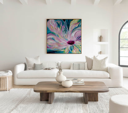 'Untamed' - layered abstract painting with flowing strokes, dark teal depths and luminous pink energy for walls.
