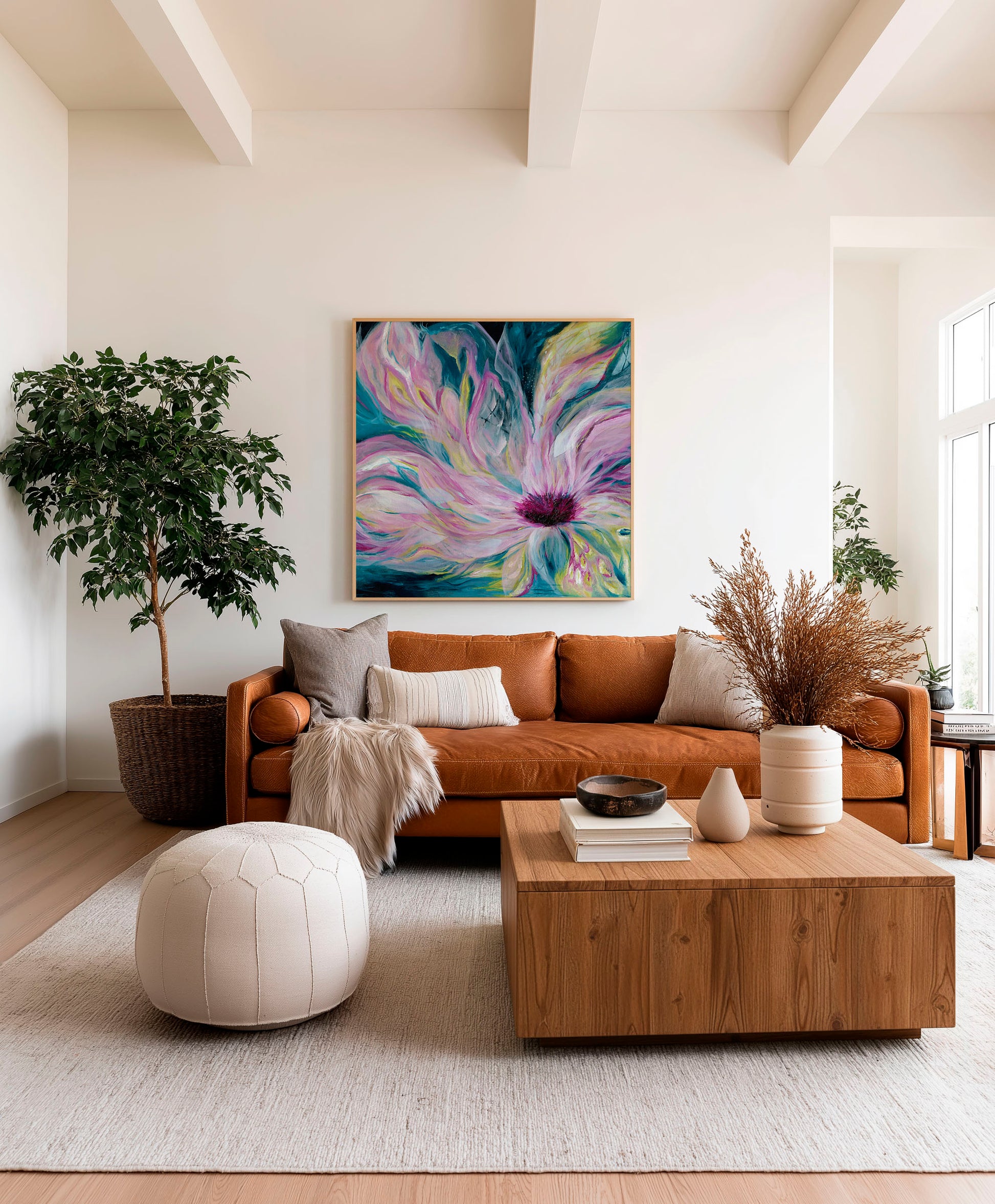 'Untamed' - contemporary floral art in deep blues and vibrant pinks, unapologetically authentic bedroom decor.