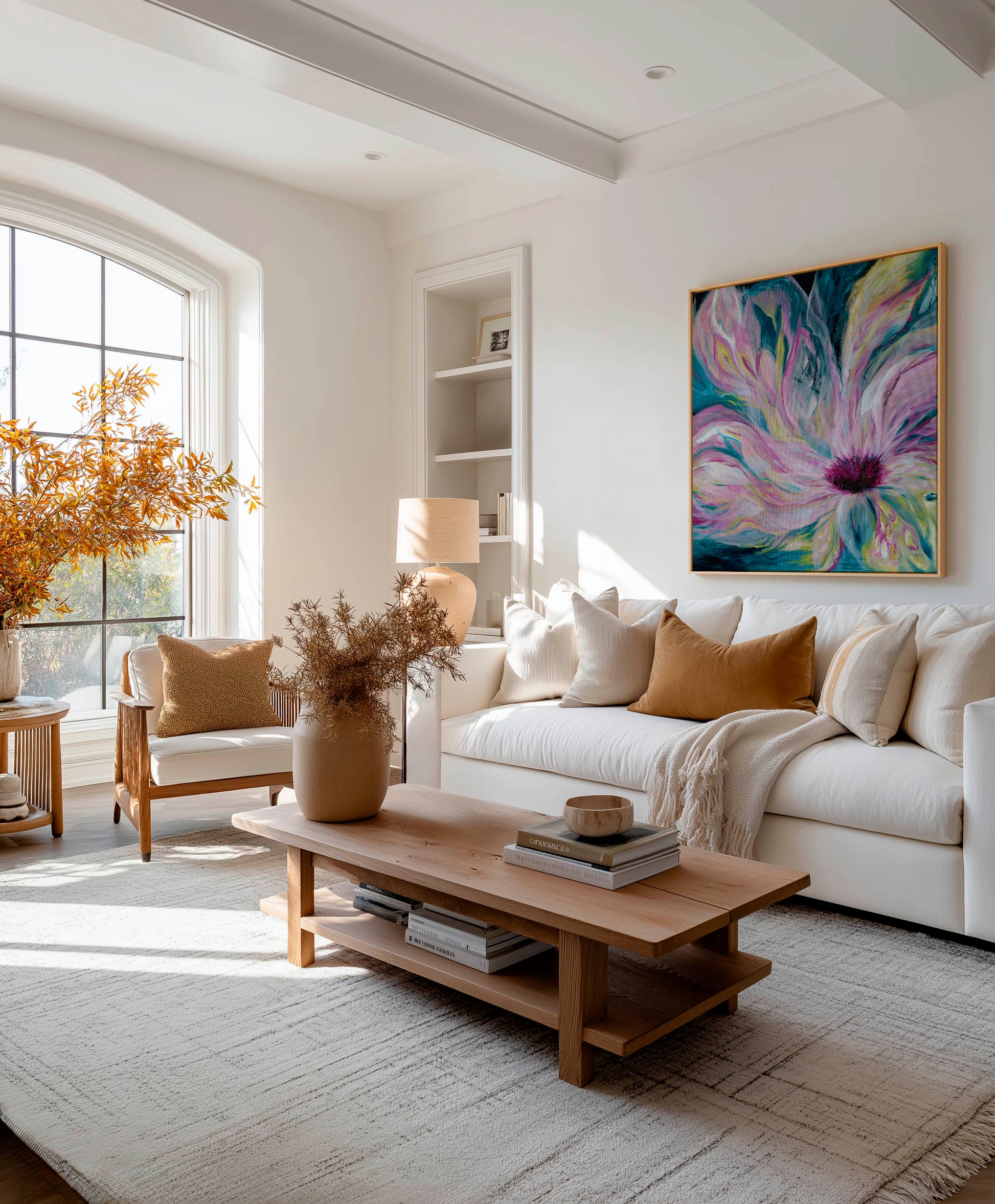 'Untamed' - expressive abstract canvas with dark moody background and fierce pink turquoise light breaking through.