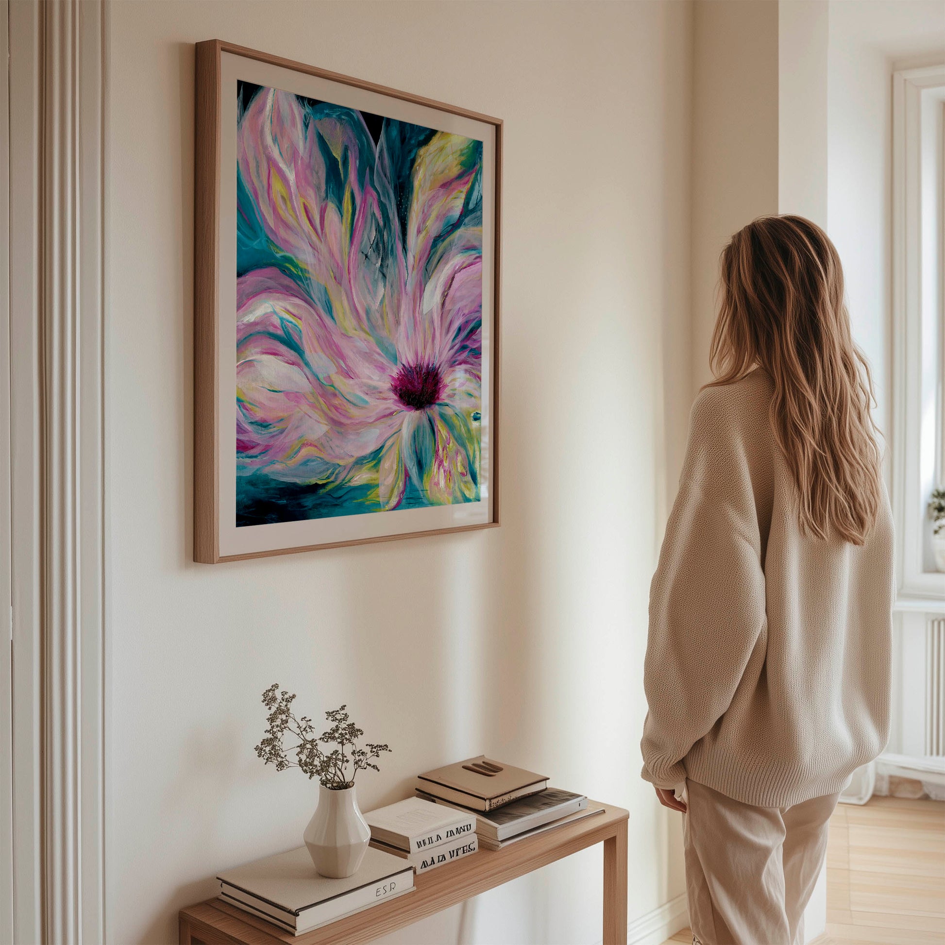 'Untamed' - moody floral abstract with ethereal layers in teal and pink, authentic art for bedrooms and creative spaces.