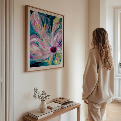 'Untamed' - moody floral abstract with ethereal layers in teal and pink, authentic art for bedrooms and creative spaces.