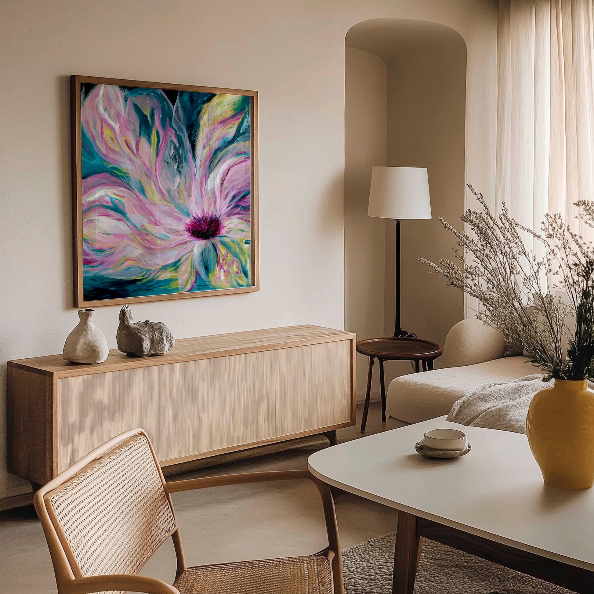 'Untamed' - bold abstract print with dark background and vibrant florals, permission to be yourself wall art.