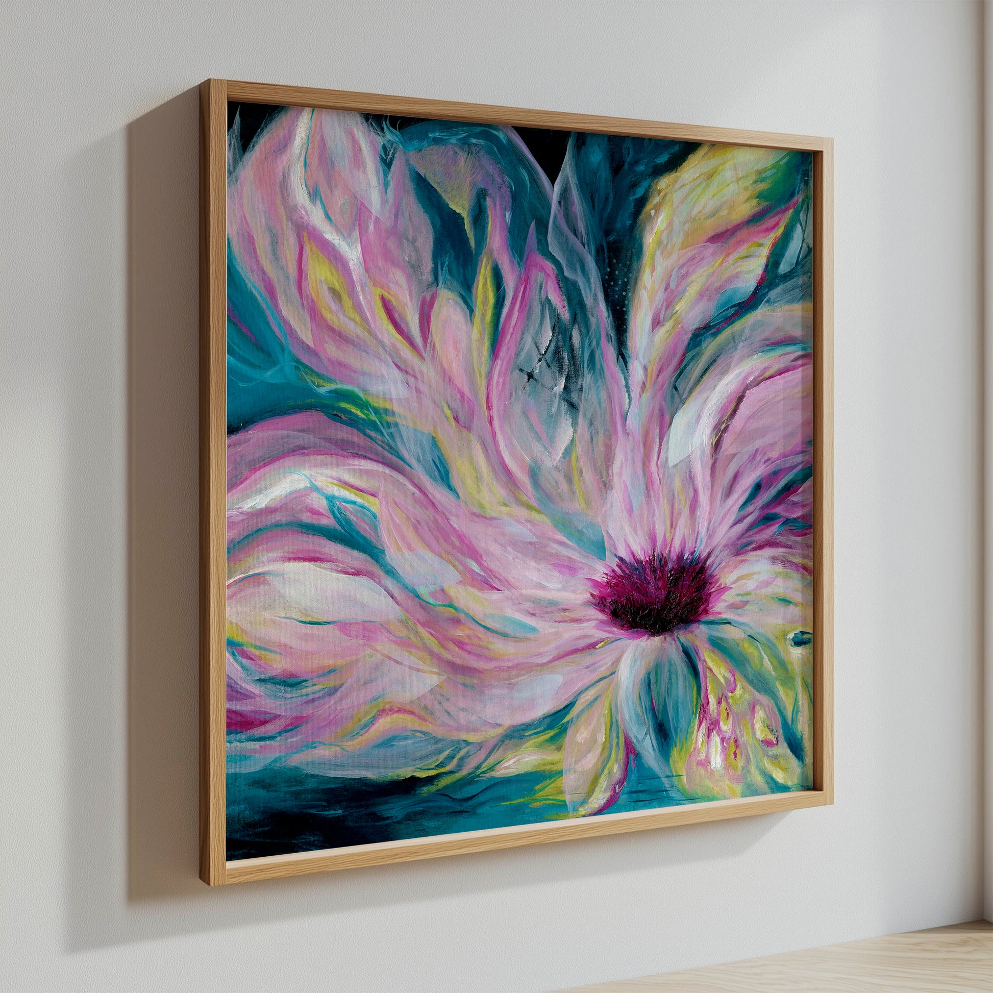 'Untamed' - expressive floral art with deep teal blues and fierce pink light, fine art print for authentic home decor.