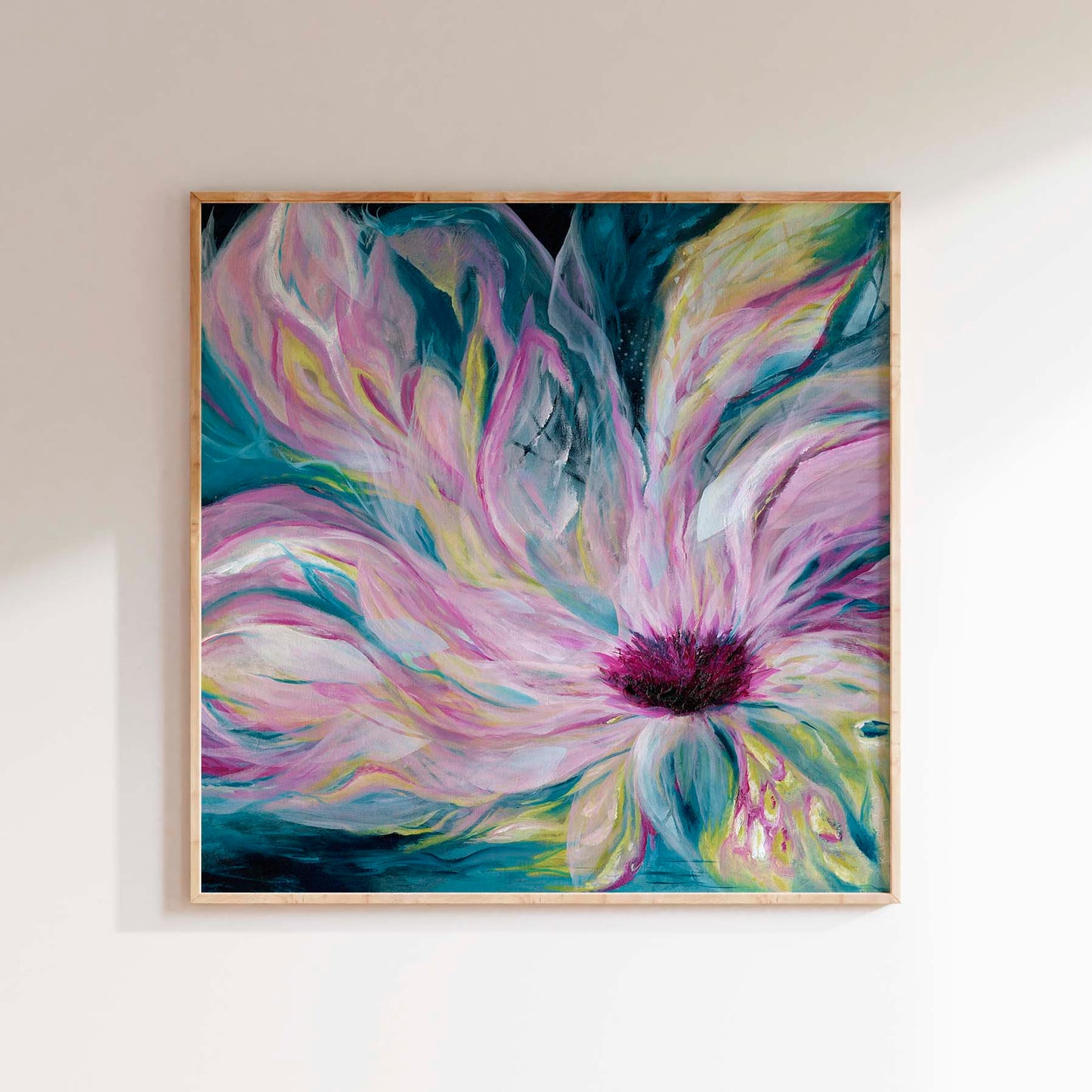 'Untamed' - A bold expressive abstract floral canvas print in deep teal, rich blue and vibrant pink — dark, layered oil painting with fierce energy and authentic emotional depth, by Kate Shephard Art.