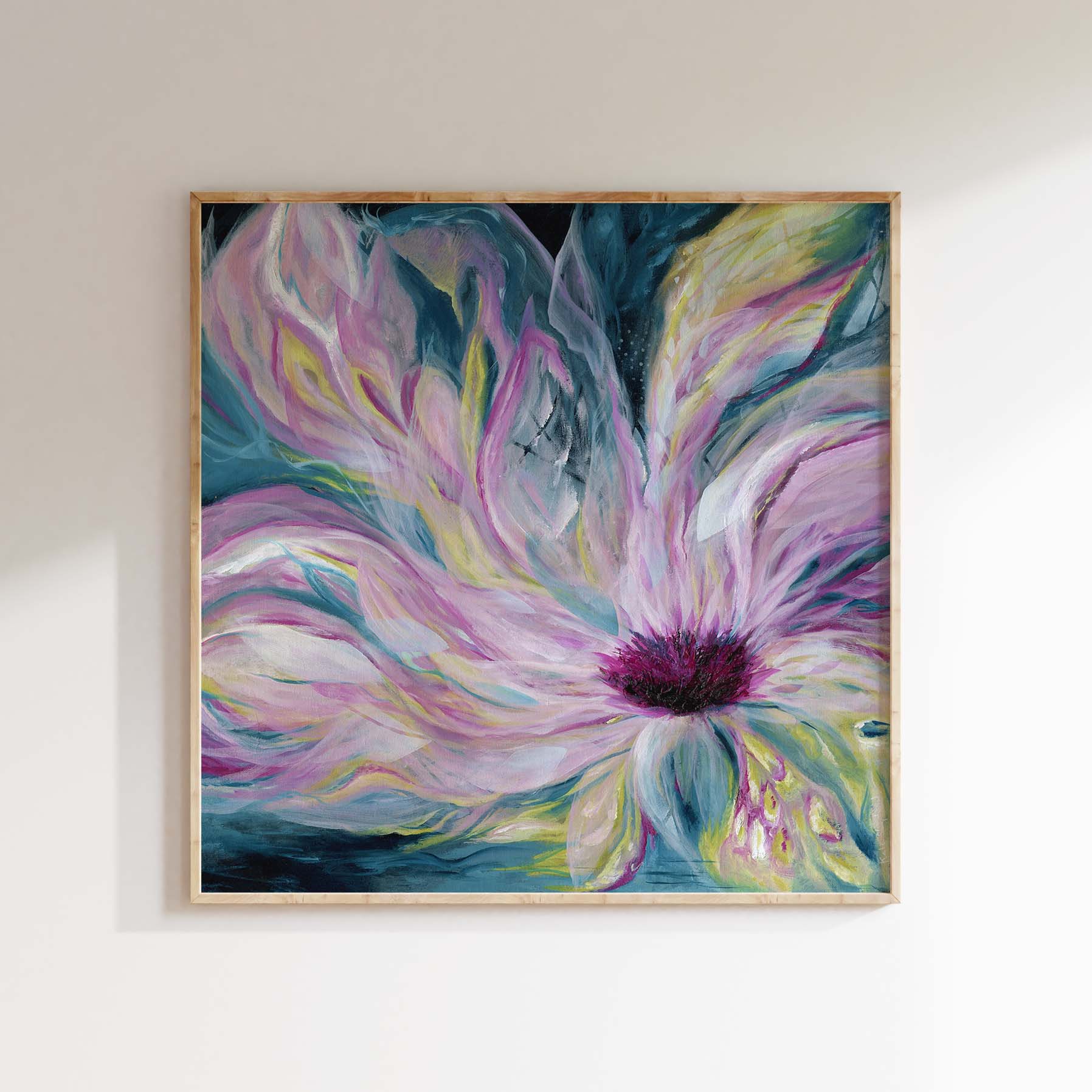 'Untamed' - A bold expressive abstract floral canvas print in deep teal, rich blue and vibrant pink — dark, layered oil painting with fierce energy and authentic emotional depth, by Kate Shephard Art.