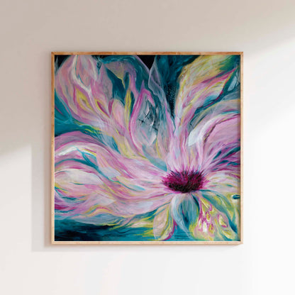 'Untamed' - A bold expressive abstract floral canvas print in deep teal, rich blue and vibrant pink — dark, layered oil painting with fierce energy and authentic emotional depth, by Kate Shephard Art.