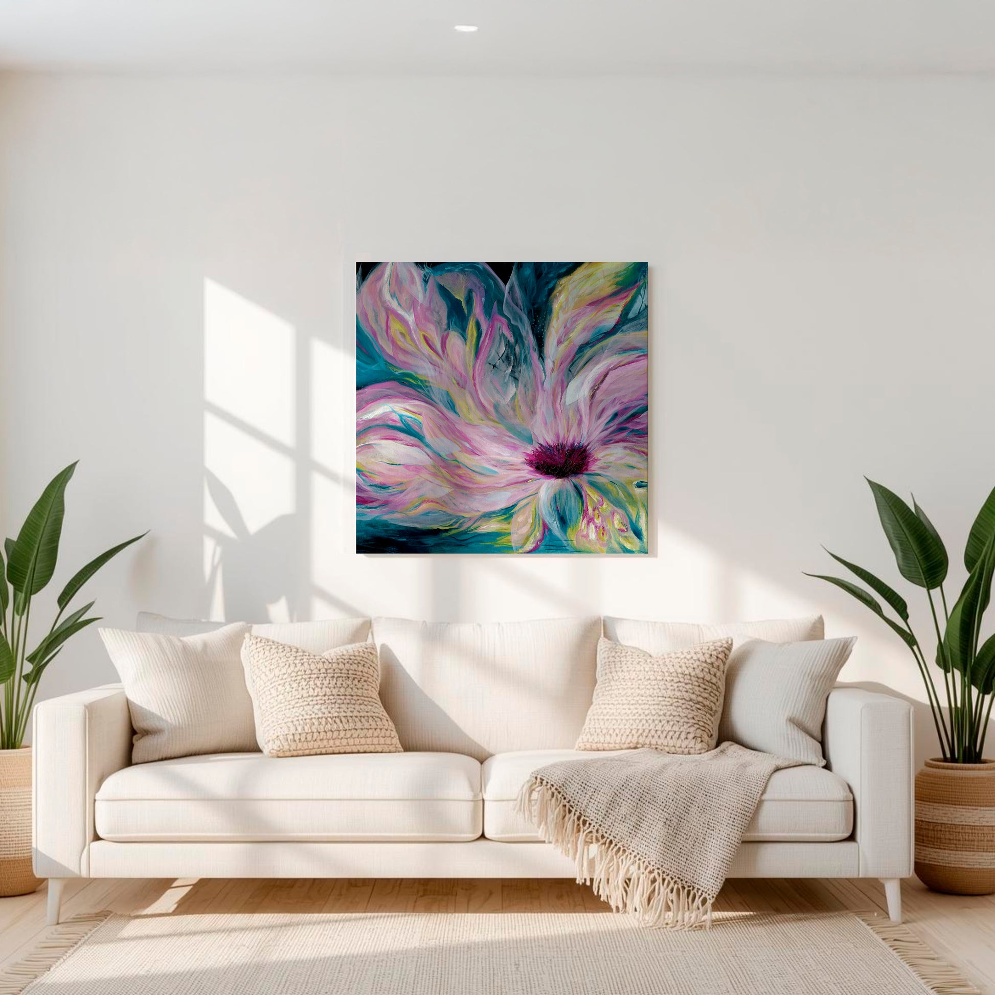 'Untamed' - moody yet vibrant canvas art featuring deep blues, teals and bright pinks for authentic home decor.