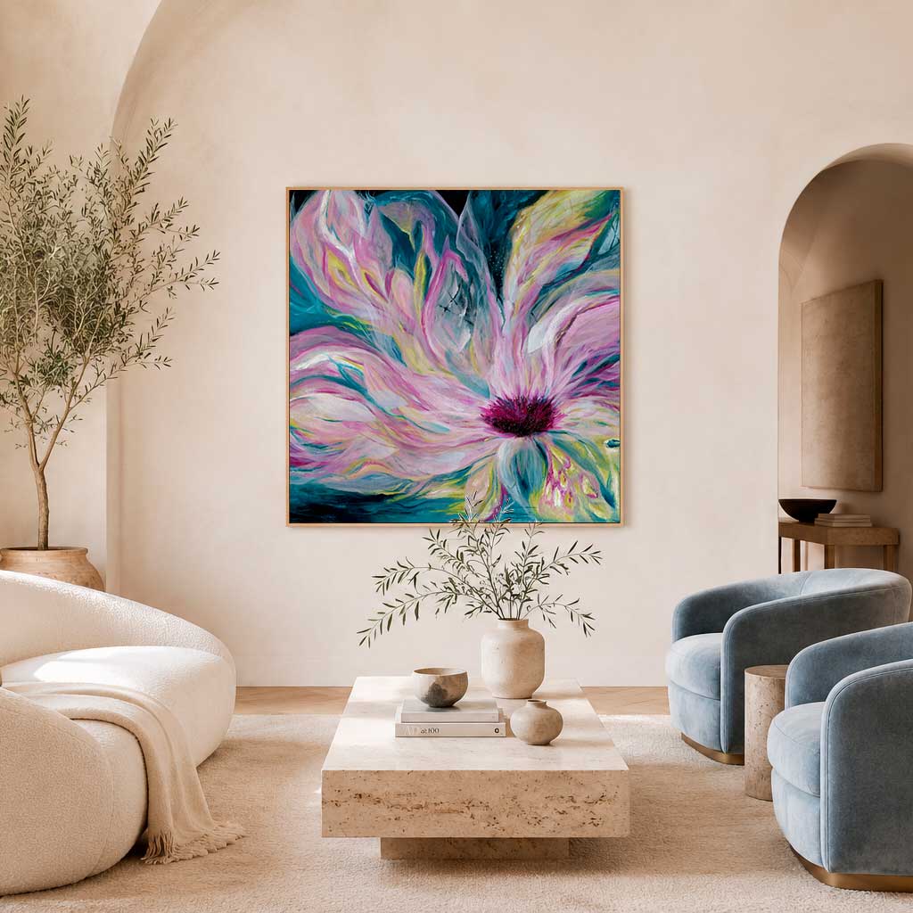 'Untamed' - 'Untamed' - Dark Blue Abstract Floral Wall Art On Canvas; Ethereal chiffon-like layers in deep teal with vibrant pink florals, dramatic modern wall art.