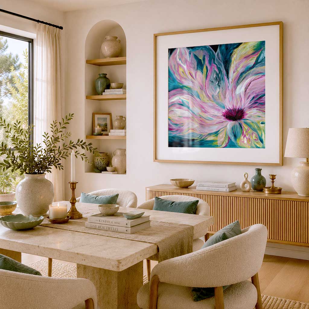 'Untamed' - fine art print featuring deep blues and bright pinks, light through darkness for unapologetic wall art.