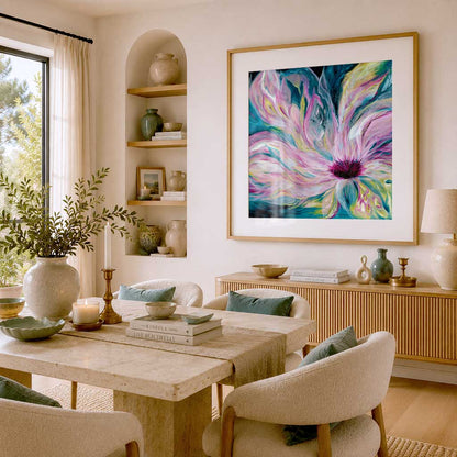 'Untamed' - fine art print featuring deep blues and bright pinks, light through darkness for unapologetic wall art.