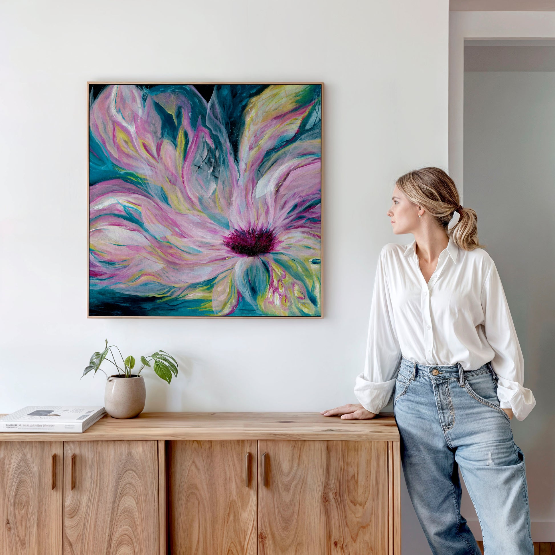 'Untamed' - dark romantic floral abstract with translucent layers and bold colour bursts for statement spaces.