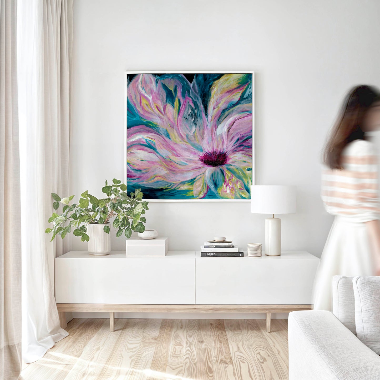 'Untamed' - abstract art celebrating darkness and light coexisting, teal pink canvas for bedroom living room walls.