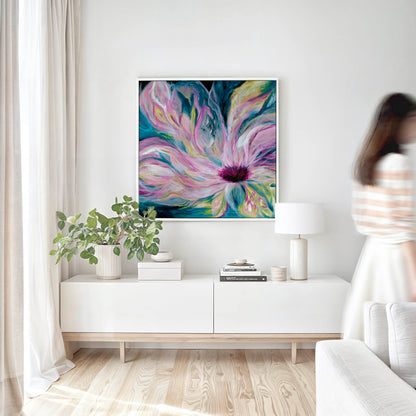 'Untamed' - abstract art celebrating darkness and light coexisting, teal pink canvas for bedroom living room walls.