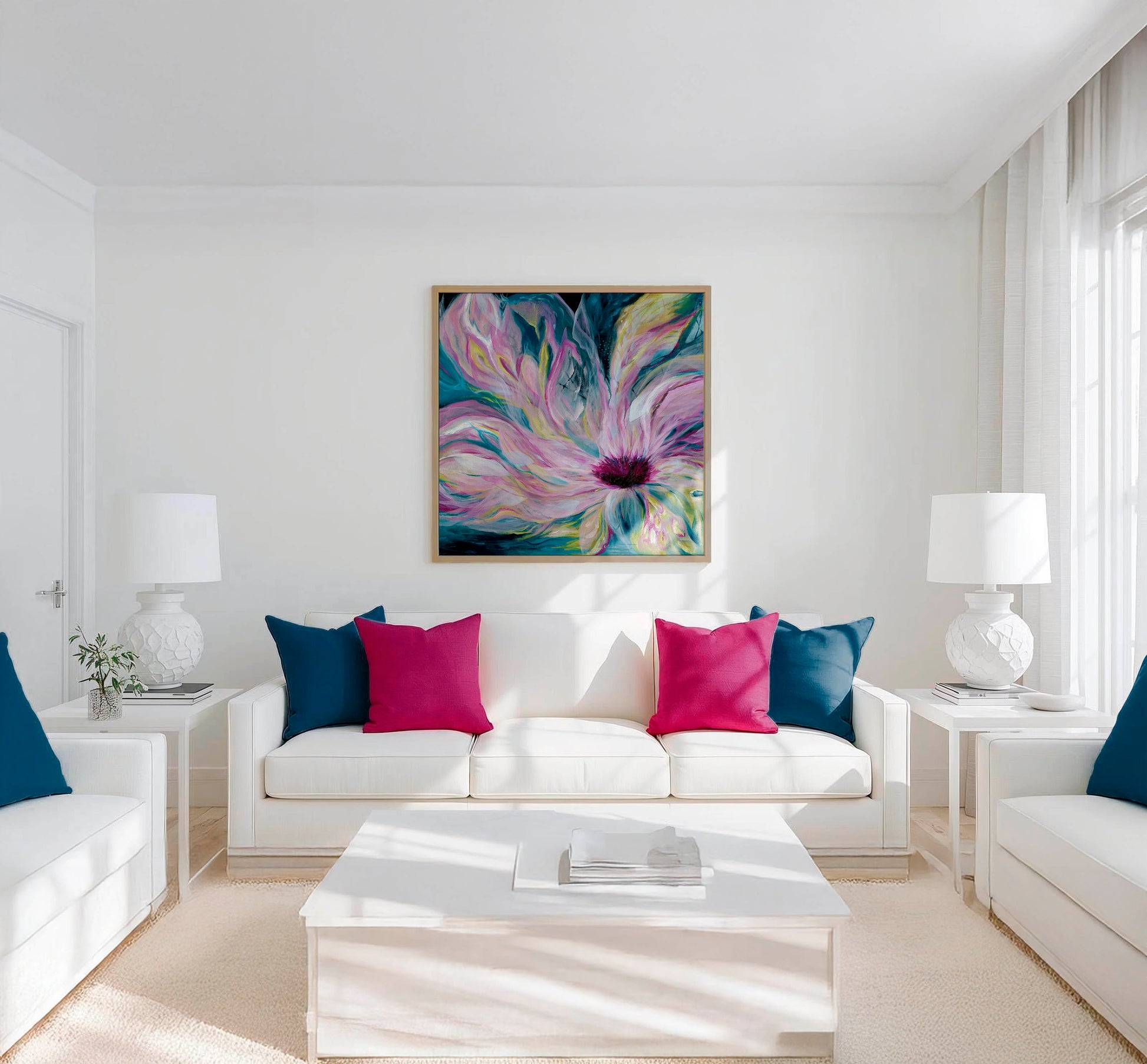 'Untamed' - authentic abstract print celebrating light in darkness, layered teal pink canvas for statement walls.