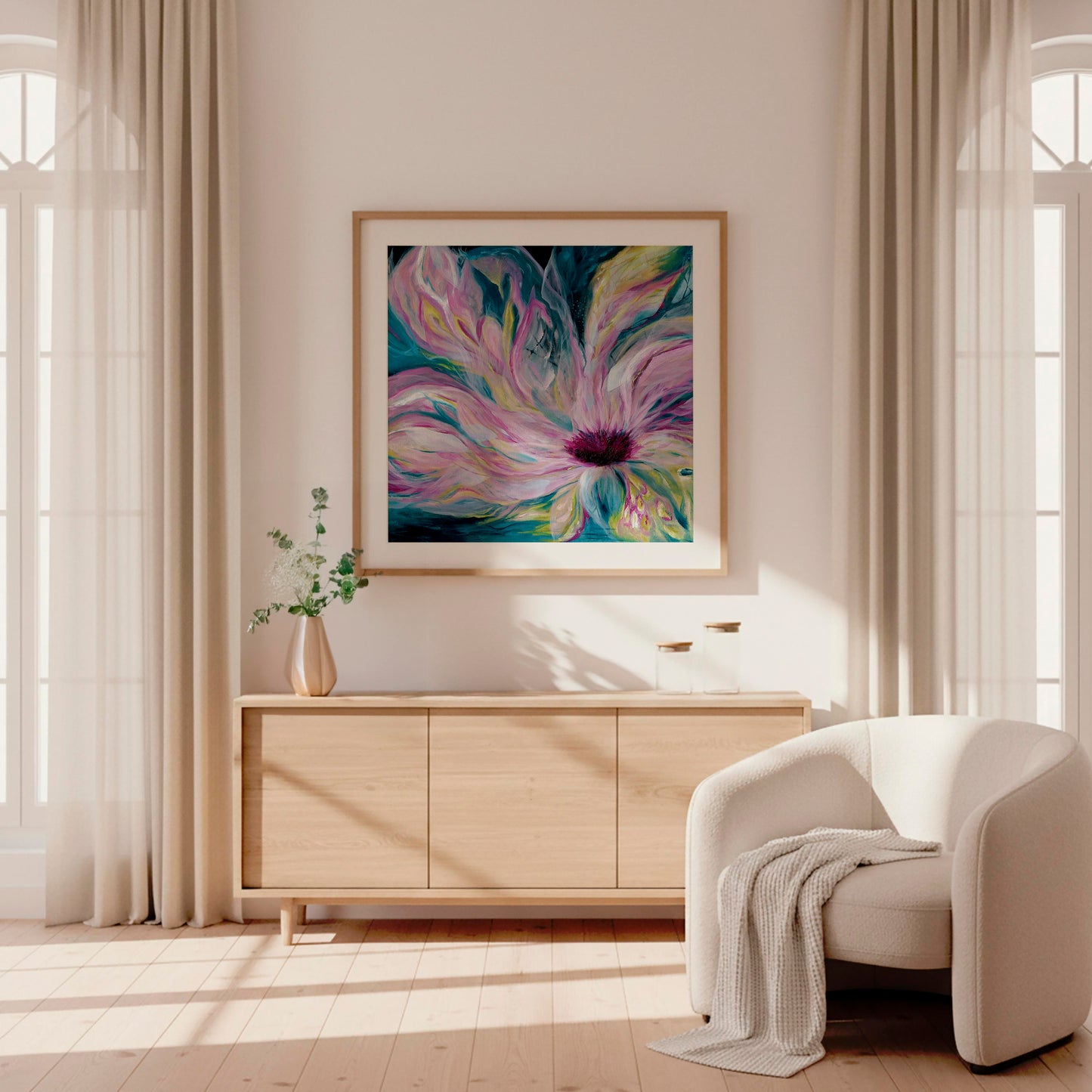 'Untamed' - dark teal abstract painting with pink and turquoise energy, archival paper print for living room statement walls.