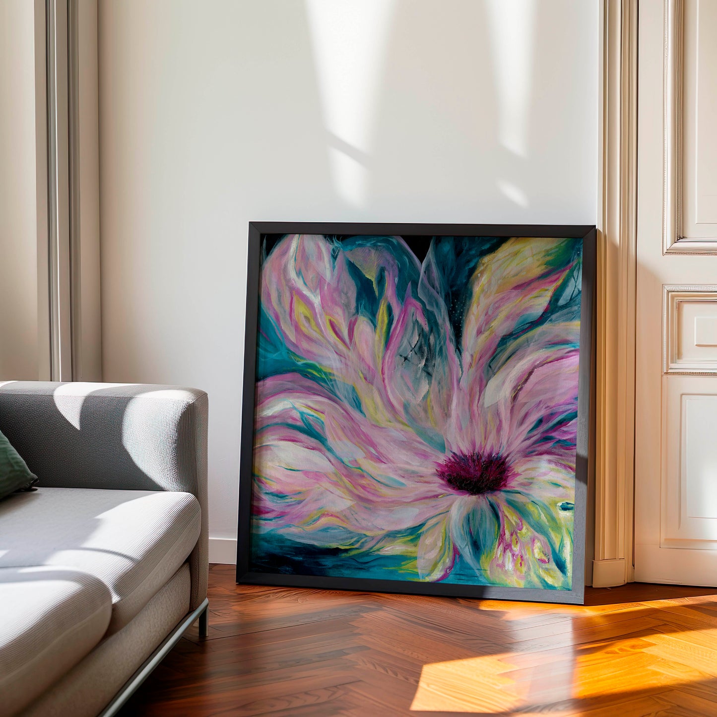 'Untamed' - fine art print featuring deep blues and bright pinks, light through darkness for unapologetic wall art.