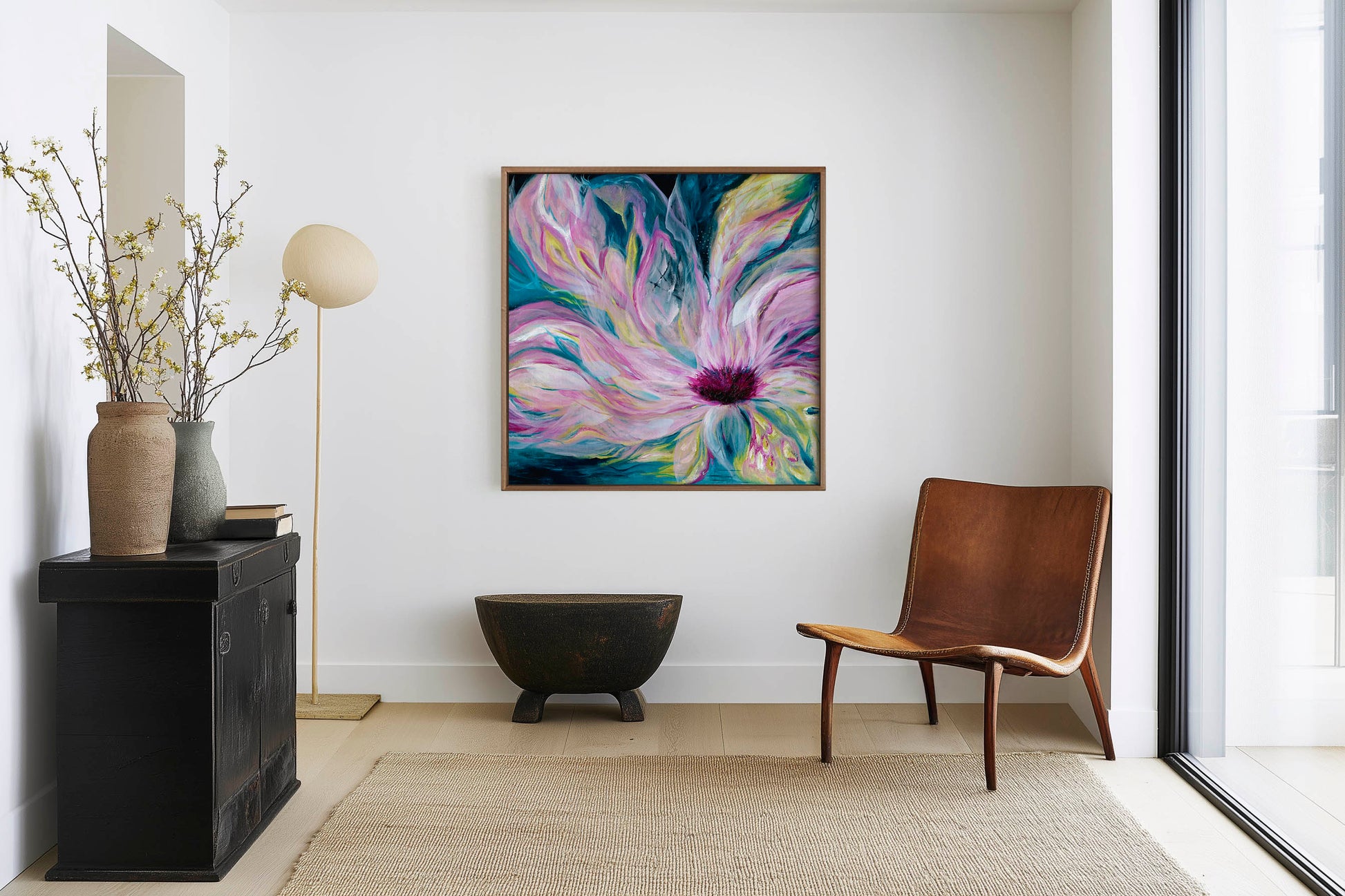 'Untamed' - moody ethereal wall art with deep blue background and unapologetic pink floral movement for bedrooms.