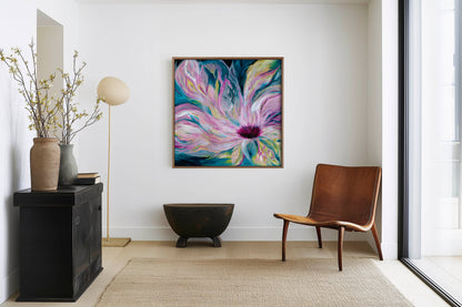 'Untamed' - moody ethereal wall art with deep blue background and unapologetic pink floral movement for bedrooms.