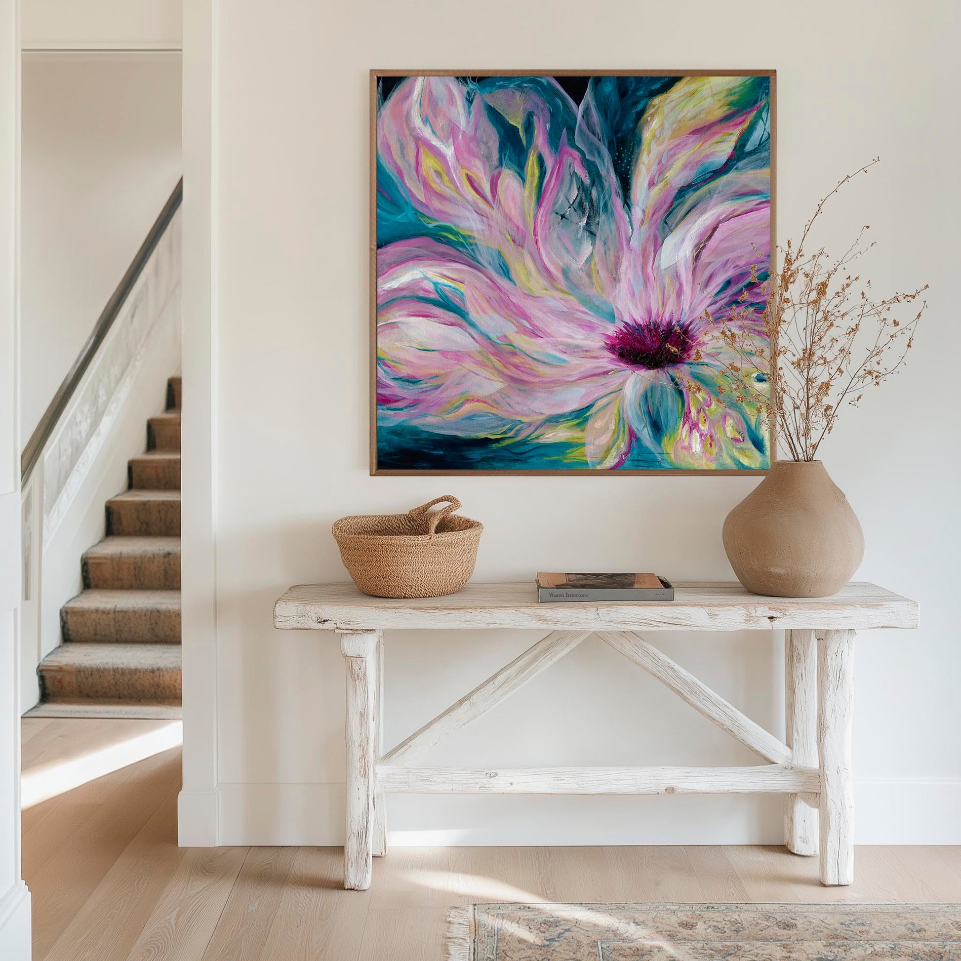 'Untamed' - dramatic abstract canvas featuring favourite teal shades with vibrant pink colour bursting through darkness.