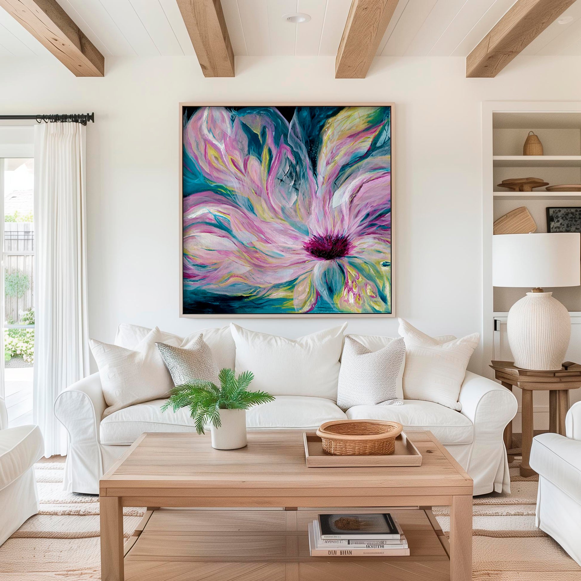 'Untamed' - 'Untamed' - Dark Blue Abstract Floral Wall Art On Canvas; Ethereal chiffon-like layers in deep teal with vibrant pink florals, dramatic modern wall art.