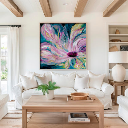 'Untamed' - 'Untamed' - Dark Blue Abstract Floral Wall Art On Canvas; Ethereal chiffon-like layers in deep teal with vibrant pink florals, dramatic modern wall art.