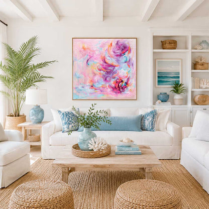 'Choose Joy' - Uplifting wall art pink canvas print in vibrant pink, soft blue and warm peach — colourful abstract art with free expressive brushstrokes, part of the Joy by Design collection, by Kate Shephard Art.
