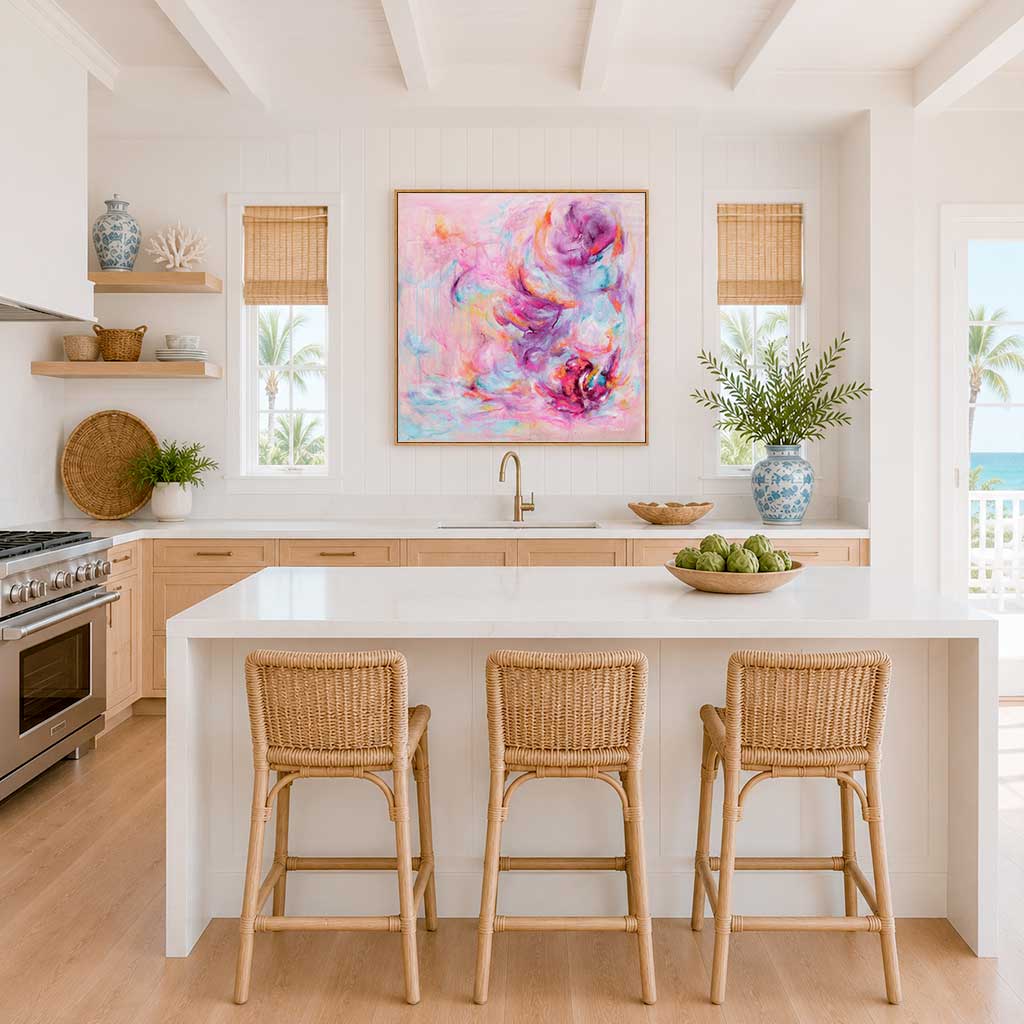 'Choose Joy' - Colourful abstract art pink canvas print in vivid pink, peach and soft blue — uplifting wall art that brings warmth, energy and genuine joy to any interior, by Kate Shephard Art.