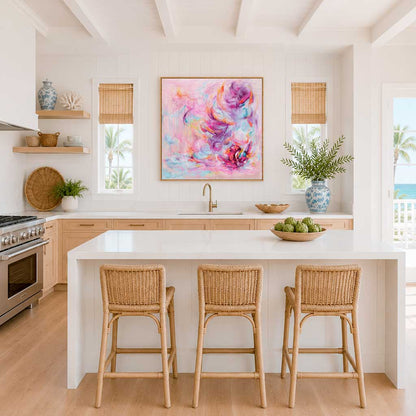 'Choose Joy' - Colourful abstract art pink canvas print in vivid pink, peach and soft blue — uplifting wall art that brings warmth, energy and genuine joy to any interior, by Kate Shephard Art.