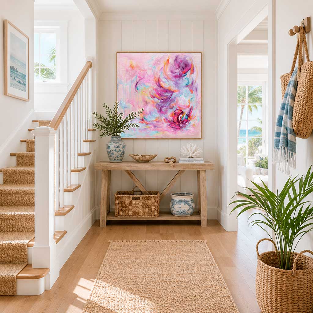 'Choose Joy' - A vibrant uplifting wall art pink canvas print in bright pink and luminous white — colourful abstract art full of joyful movement and energy, by Kate Shephard Art.
