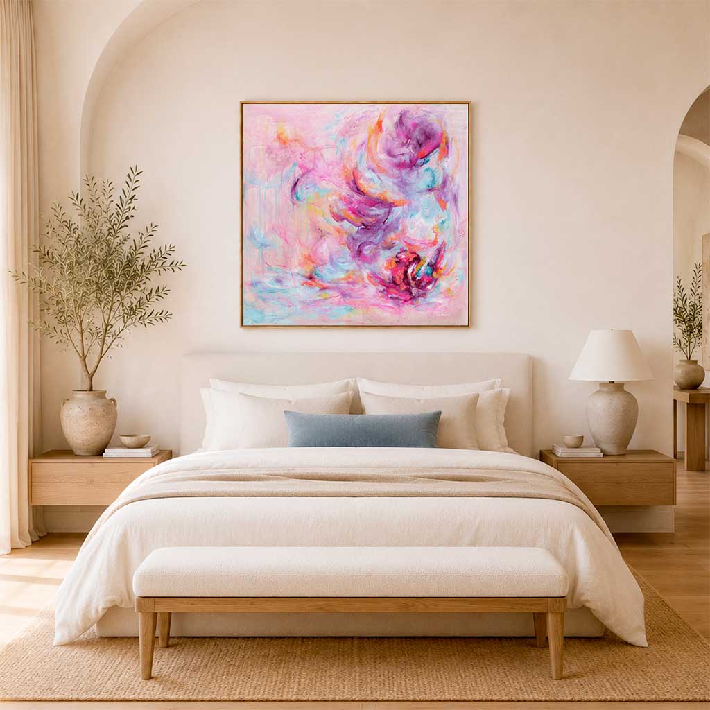 'Choose Joy' - Pink canvas abstract art in vivid pink, soft blue and warm peach — uplifting colourful wall art with energetic free brushstrokes, part of the Joy by Design collection, by Kate Shephard Art.