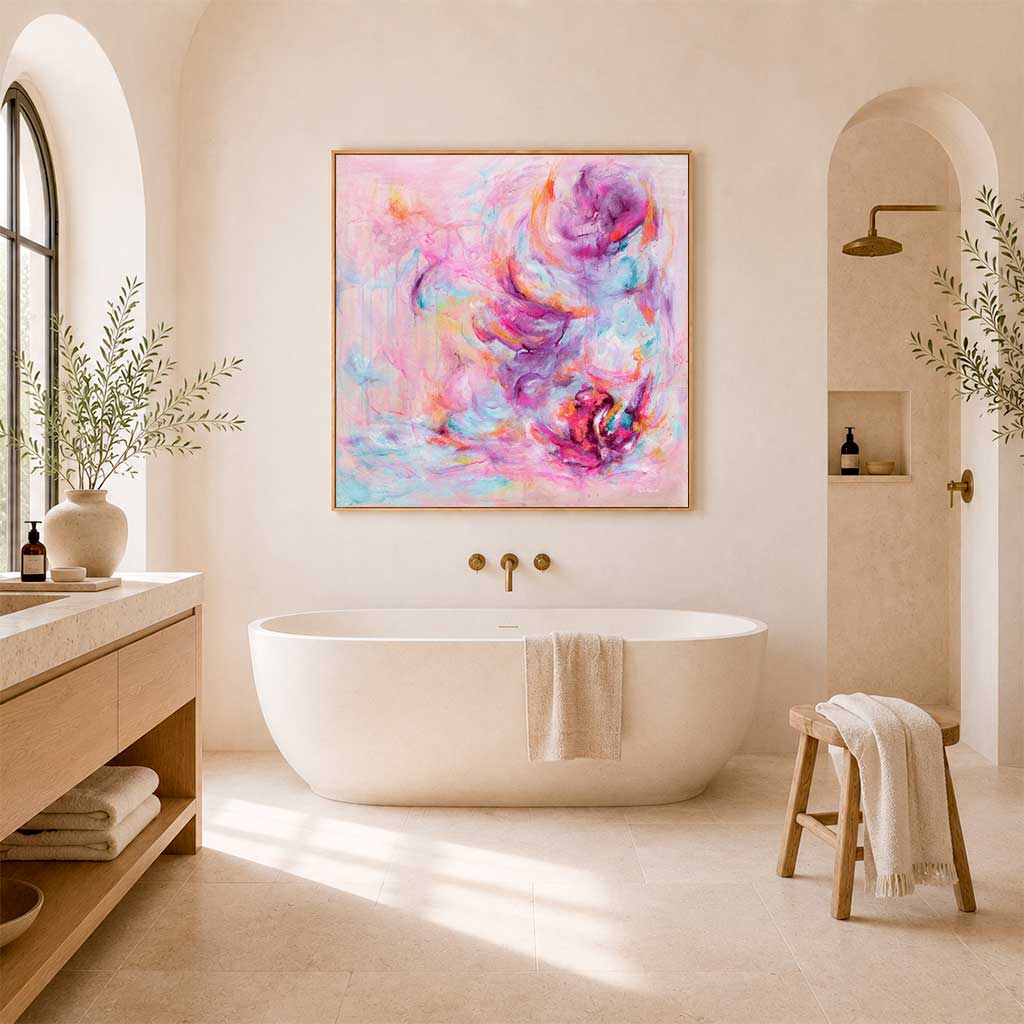 'Choose Joy' - Uplifting wall art in bright pink and soft blue — colourful abstract art pink canvas print with free expressive brushwork and warm peach tones, by Kate Shephard Art.