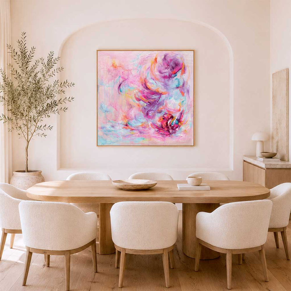 'Choose Joy' - A colourful abstract art pink canvas print with luminous whites and vivid pink tones — uplifting wall art designed to bring genuine joy and energy to any room, by Kate Shephard Art.