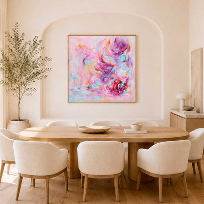 'Choose Joy' - A colourful abstract art pink canvas print with luminous whites and vivid pink tones — uplifting wall art designed to bring genuine joy and energy to any room, by Kate Shephard Art.