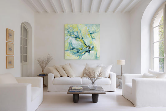 ‘Whispers of Midwinter’ – abstract winter artwork canvas print of snowy landscape impression in soft colours of blue and yellow